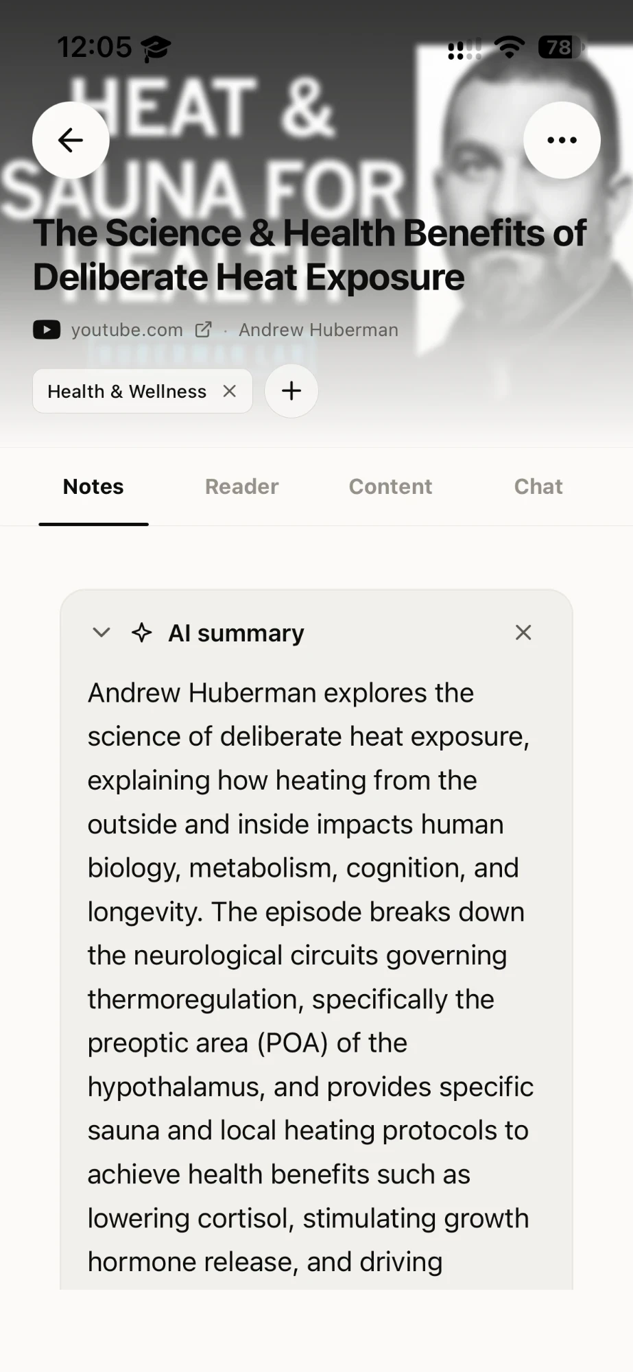 Takt on iPhone: the AI summary of a Huberman Lab episode on YouTube