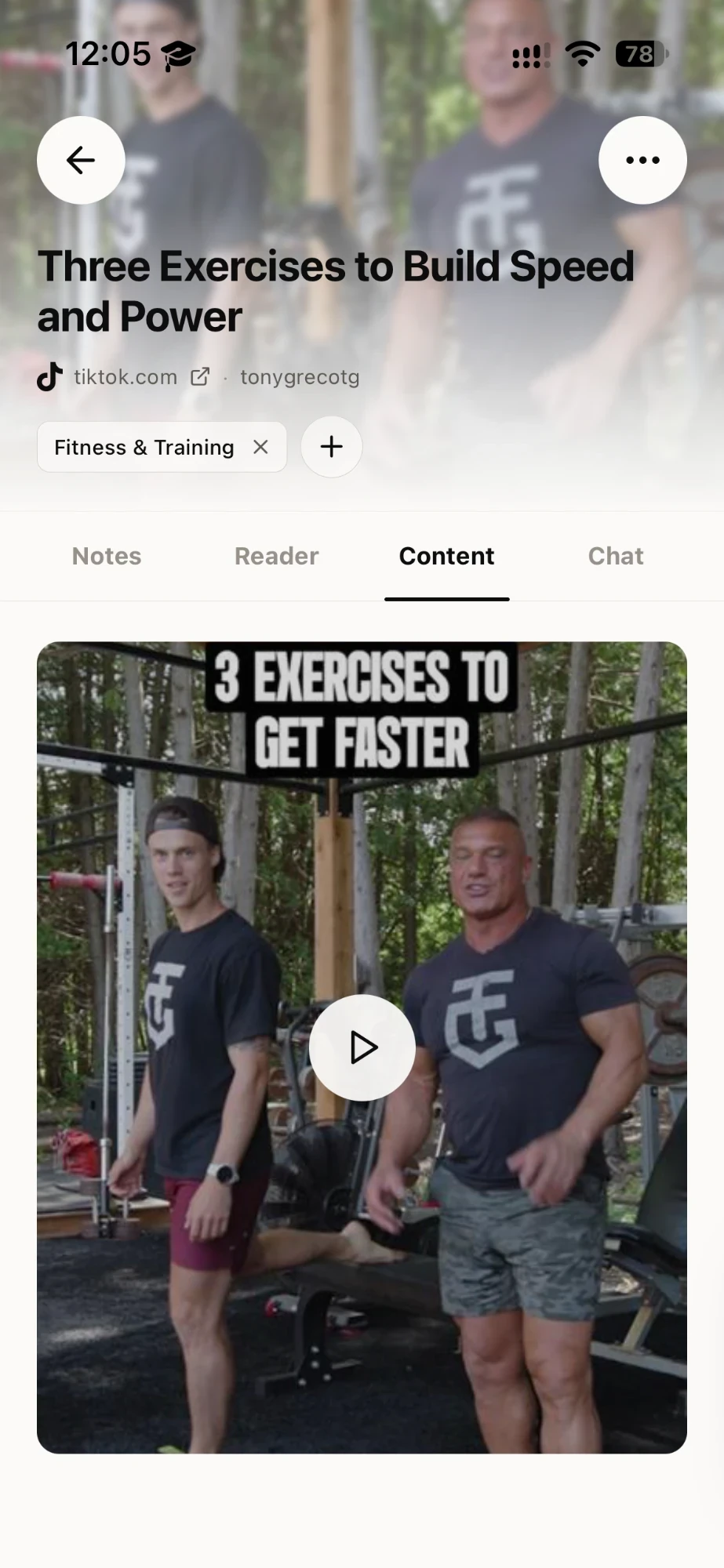 Takt on iPhone: a TikTok training video in the Content tab