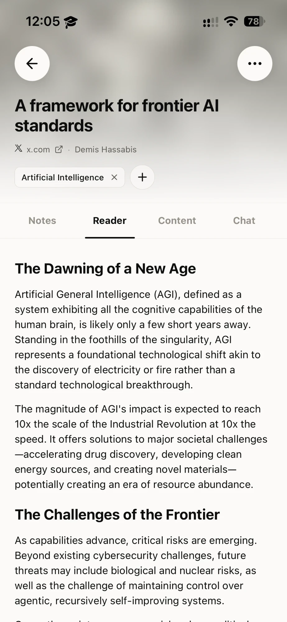 Takt on iPhone: a Demis Hassabis post on X in the Reader tab